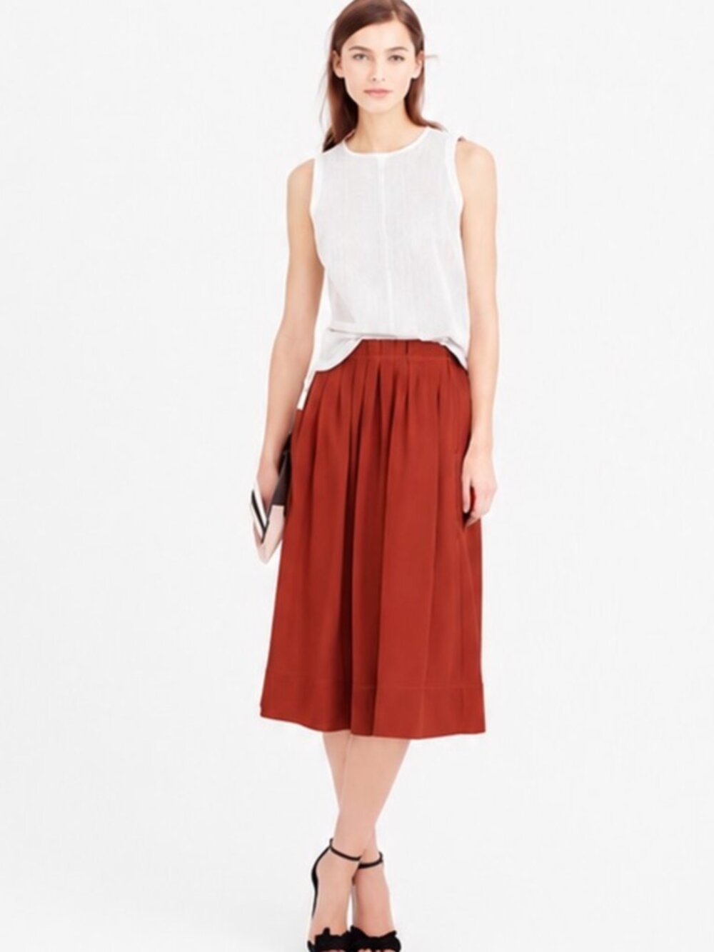 NWT J.Crew Women’s Rust Burnt Orange Pleated A-Line Midi Skirt 000 Persimmon